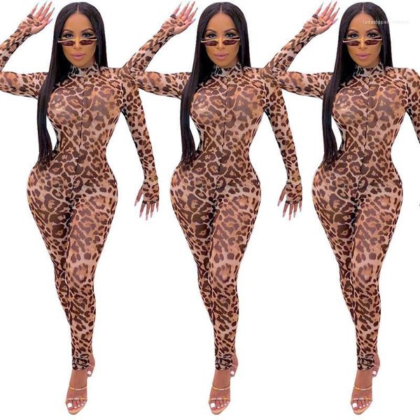 printed perspective gauze skinny bodysuit club women designer clothes fashion designer womens jumpsuits long sleeve leopard, Black;white